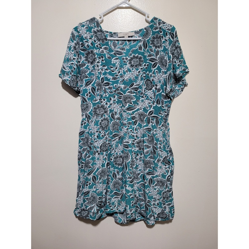 LOFT Floral dress Women 12 Teal Black V-Neck Elastic Waist pockets